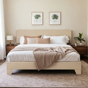 Einfach Queen Upholstered Platform Bed Frame with Adjustable Headboard, No Box Spring Needed, Beige