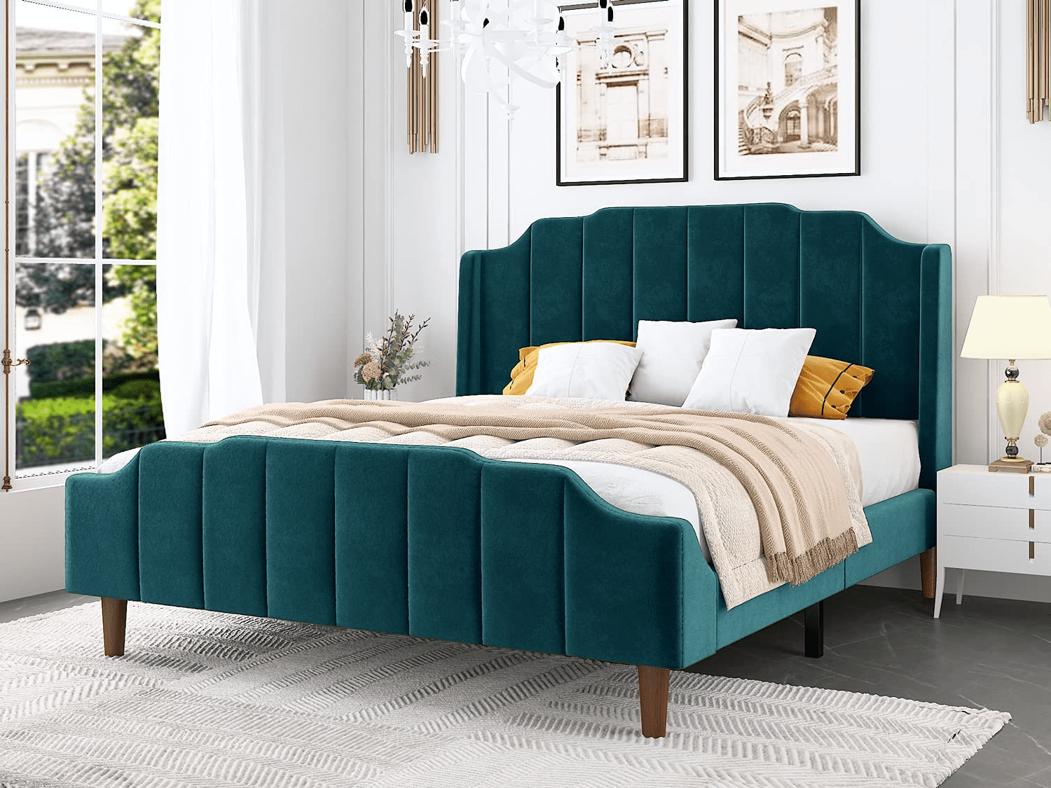 Einfach Queen Upholstered Platform Bed with Velvet Wingback