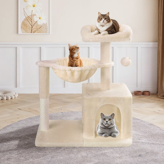Einfach Small Cat Tree 29.5" Tower Condo with Sisal Scratcing Post Hammock Top Perch for Indoor Cats, Beige
