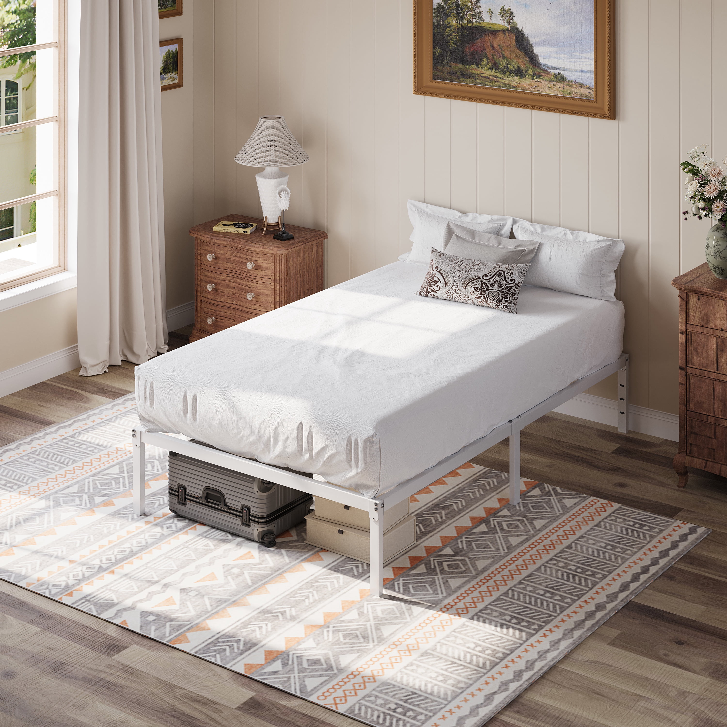 Einfach Twin Bed Frame, 12'' Metal Platform Bed with Ample Under-Bed Storage Space, Heavy Duty, No Box Spring Needed, White