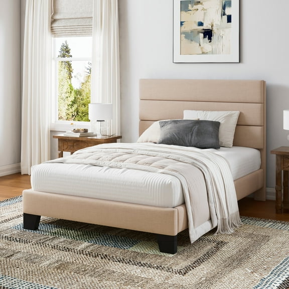Einfach Twin Bed Frame, Platform Bed Frame with Panel Upholstered Fabric Headboard, Beige