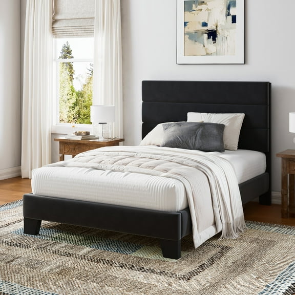 Einfach Twin Bed Frame, Platform Bed Frame with Panel Upholstered Velvet Headboard, Black