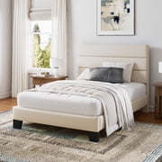 Einfach Twin Bed Frame, Platform Bed Frame with Panel Upholstered Velvet Headboard, Cream