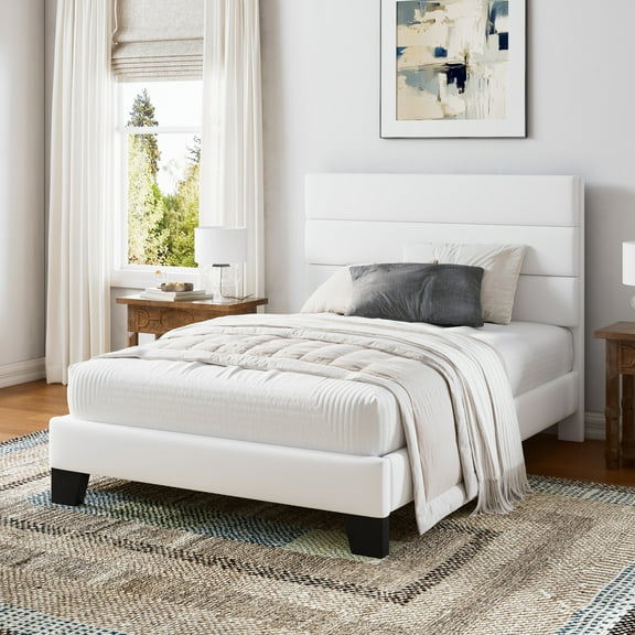 Einfach Twin Bed Frame, Platform Bed Frame with Panel Upholstered Velvet Headboard, White