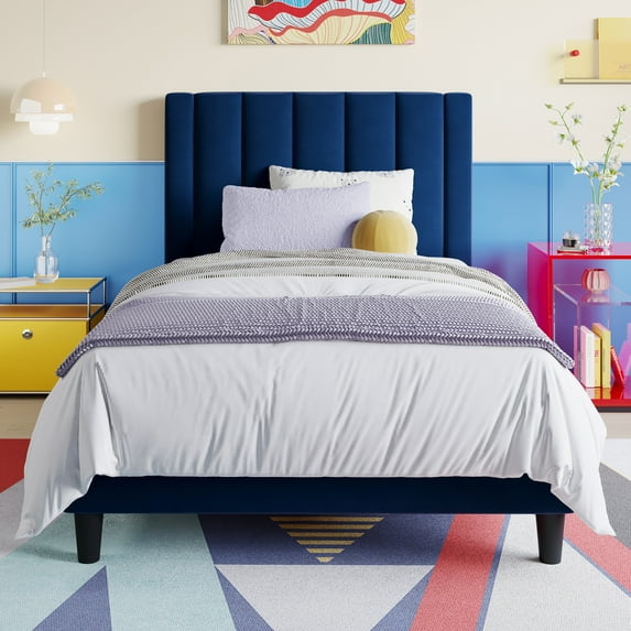 Einfach Twin Bed Frame, Platform Bed with Upholstered Velvet Vertical Channel Headboard, Blue