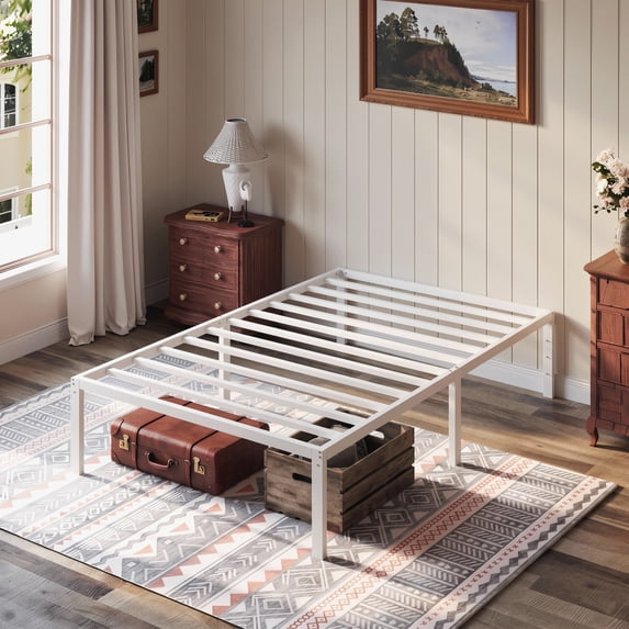 Einfach Twin Bed Frame with Ample Under-Bed Storage Space, Heavy Duty, No Box Spring Needed, White
