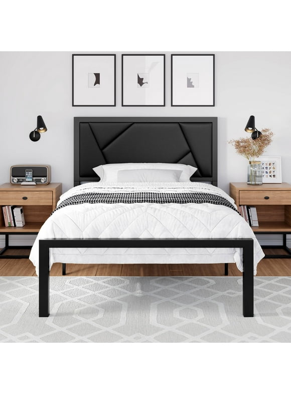 Einfach Twin Size Bed Frame Geometric Litchi Grain Leather Upholstered Headboard, Black