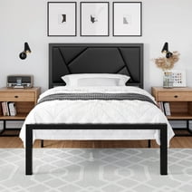 Einfach Twin Size Bed Frame with Leather Upholstered Headboard, Black