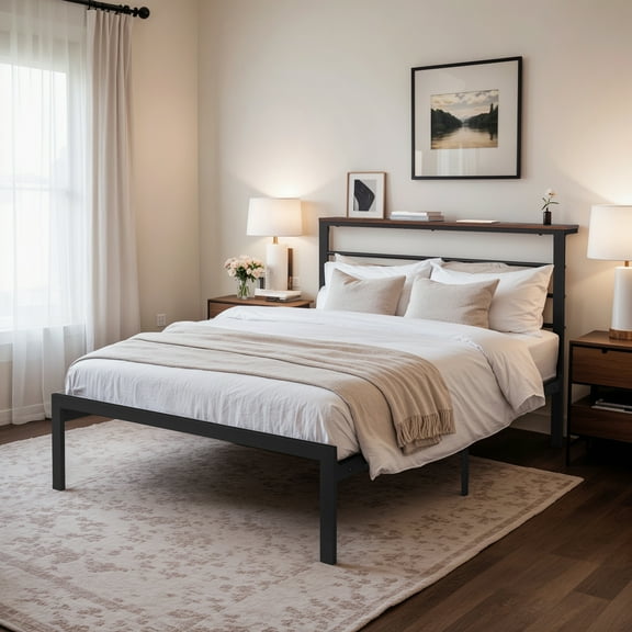 Einfach Twin Size Bed Frame with Shelves Headboard, Brown