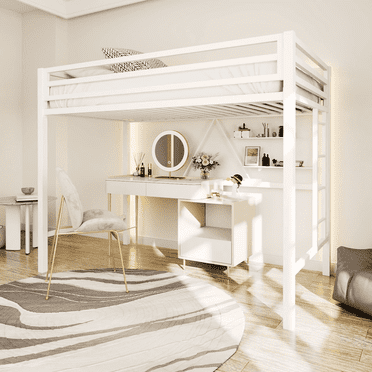 Einfach Metal Twin Size Loft Bed with Removable Ladder & Full-Length Guardrail, White