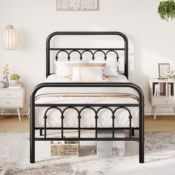 Einfach Twin Size Metal Platform Bed Frame with Arched Retro Headboard, Heavy-Duty Metal Support, Under-Bed Storage Space, Black