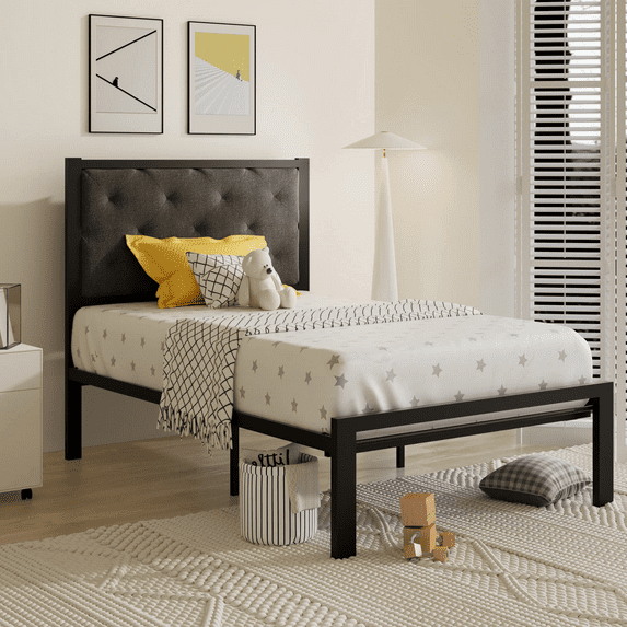 Einfach Twin Size Grey Bed frame with Button-Tufted Headboard - No Box Spring Needed - Walmart.com