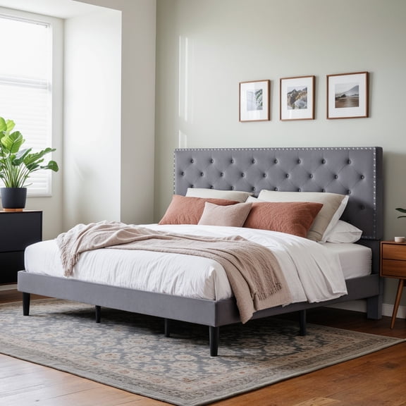 Einfach Upholstered Bed Frame with Adjustable Headboard, Delicate Velvet Cover, Silver Grey, King Size