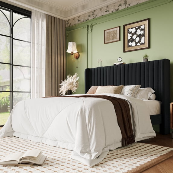 Einfach Full Bed Frame, Upholstered Platform Bed with Wingback Headboard, No Box Spring Required, Black