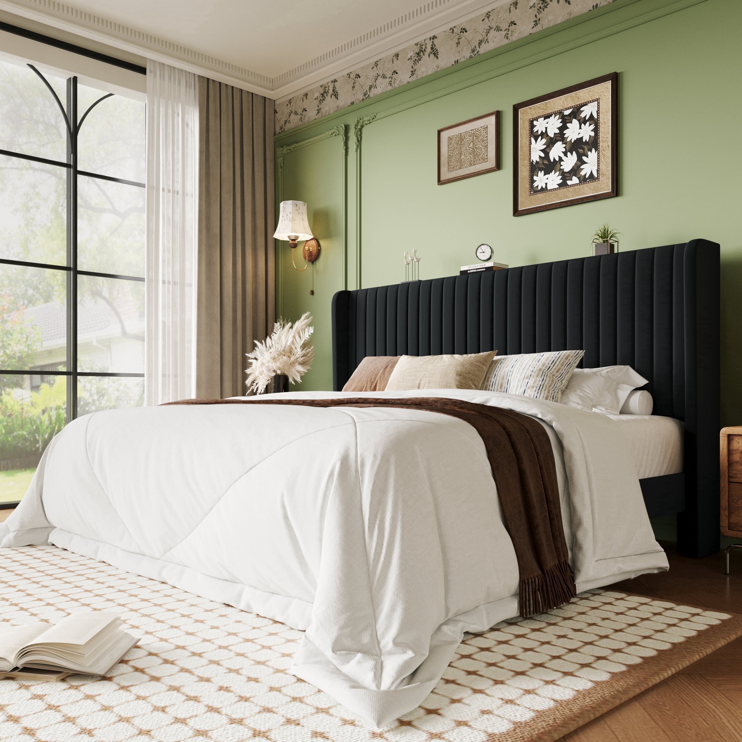 Einfach King Bed Frame, Upholstered Platform Bed with Wingback Headboard, No Box Spring Required, Black
