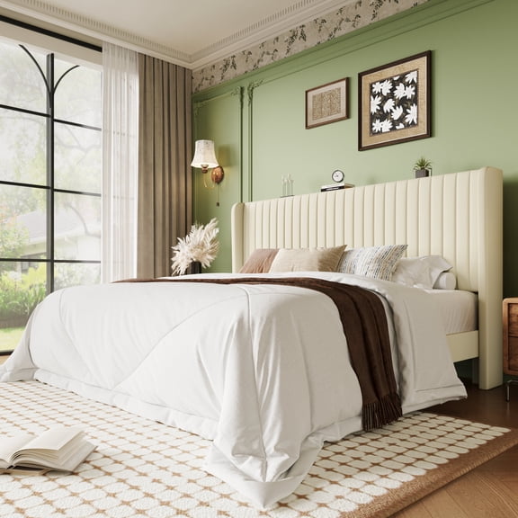 Einfach King Bed Frame, Upholstered Platform Bed with Wingback Headboard, No Box Spring Required, Cream White