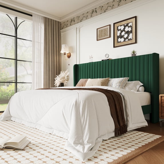 Einfach Upholstered Bed Frame with Wingback Headboard, Vertical Tufted, Velvet Finish, King, Green