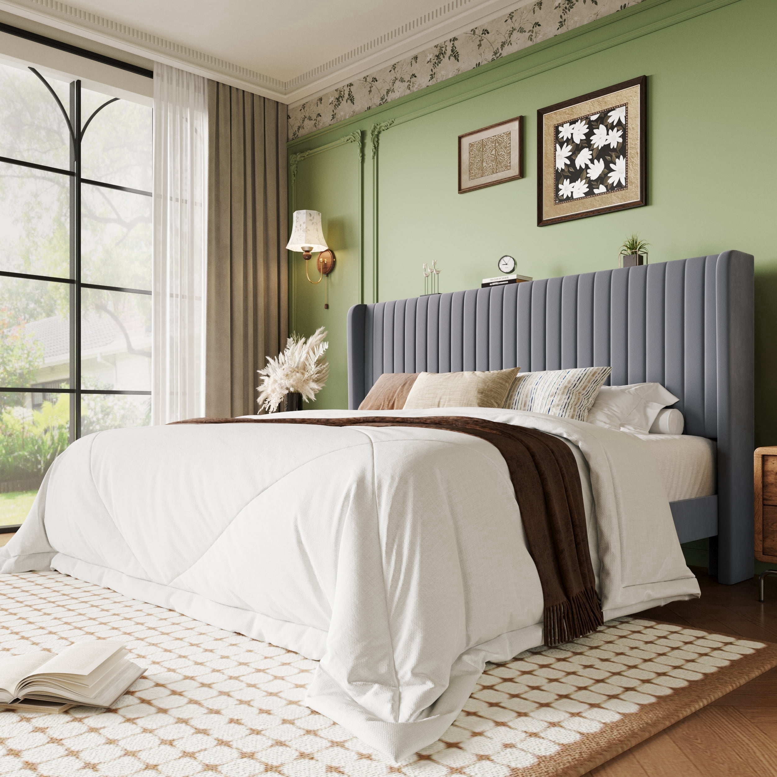 Einfach King Bed Frame, Upholstered Platform Bed with Wingback Headboard, No Box Spring Required, Gray