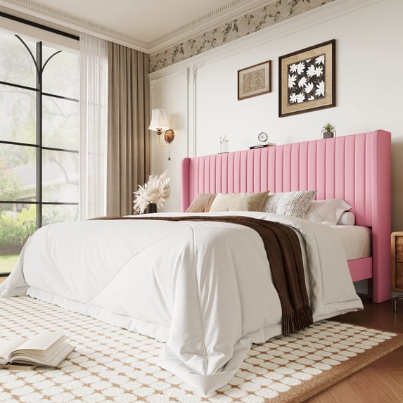 Einfach King Bed Frame, Upholstered Platform Bed with Wingback Headboard, No Box Spring Required, Pink