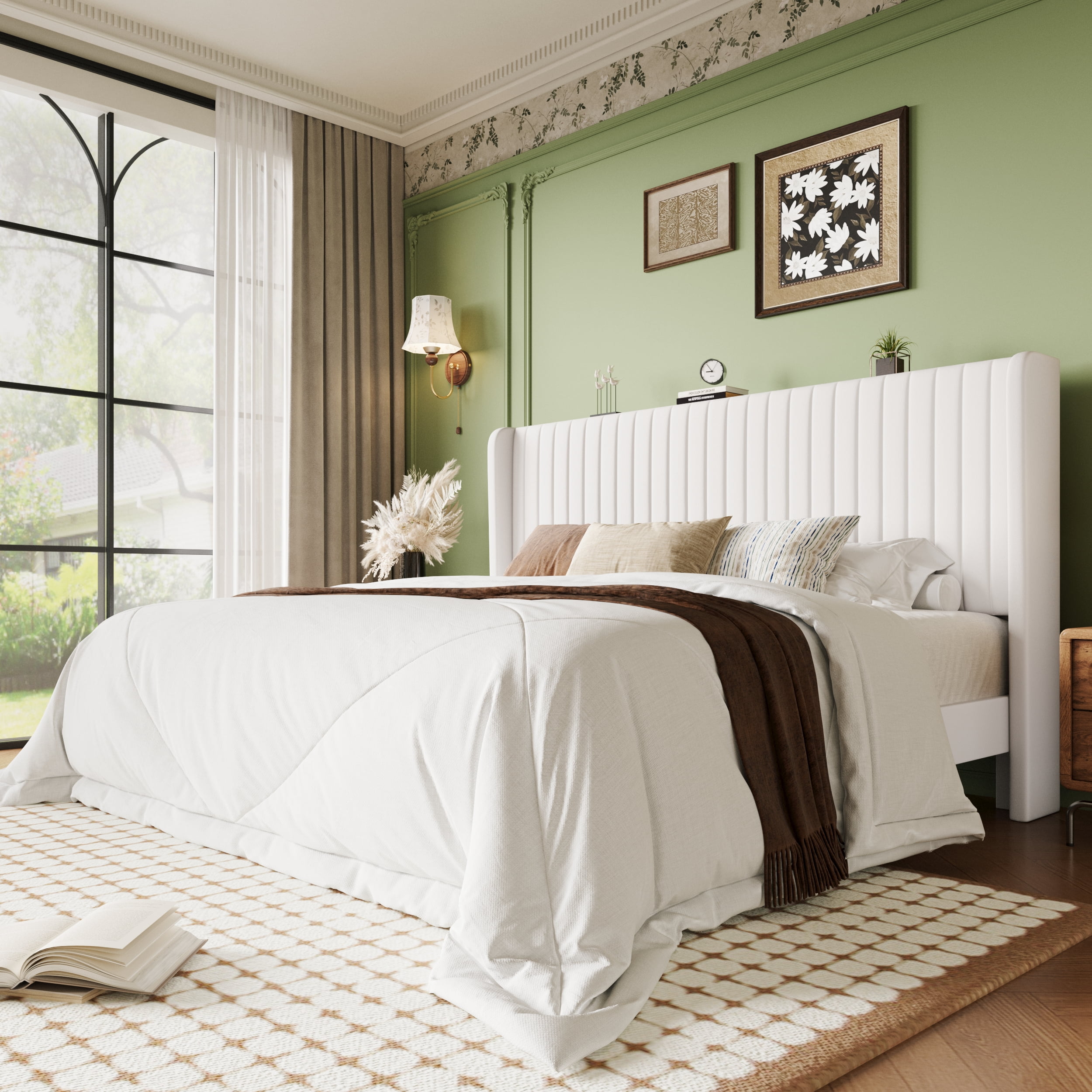 Einfach King Bed Frame, Upholstered Platform Bed with Wingback Headboard, No Box Spring Required, White