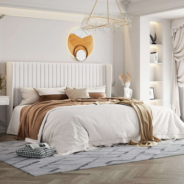 Einfach Upholstered Bed Frame with Wingback Headboard Vertical Tufted Velvet Finish King White