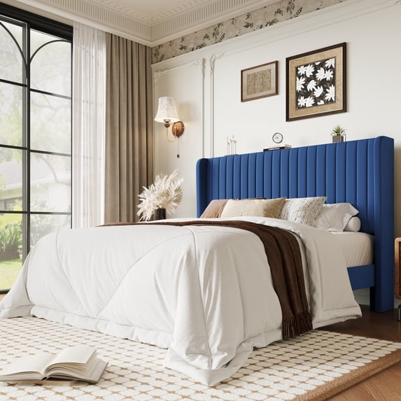 Einfach Queen Bed Frame, Upholstered Platform Bed with Wingback Headboard, No Box Spring Required, Dark Blue