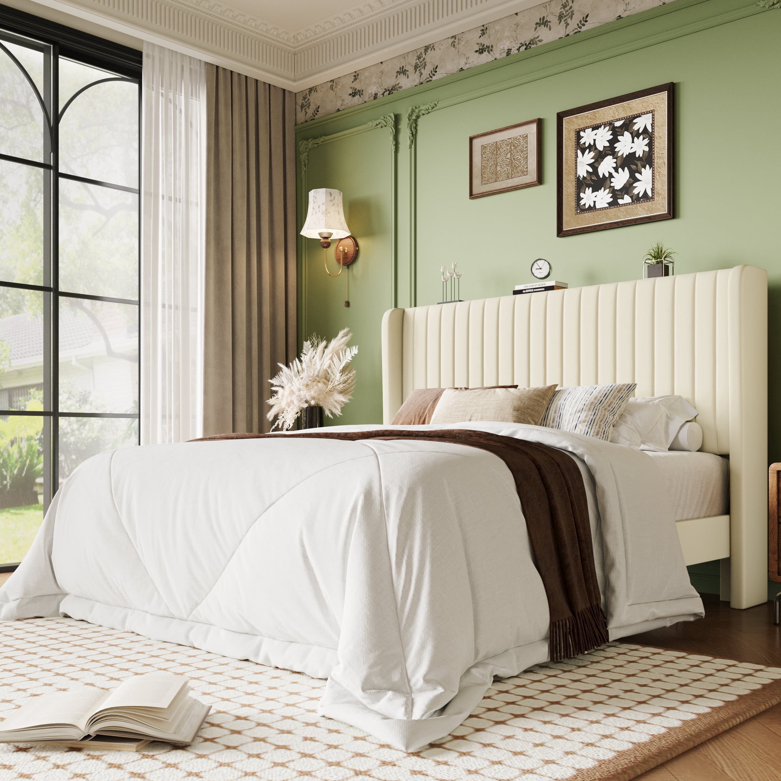 Einfach Queen Bed Frame, Upholstered Platform Bed with Wingback Headboard, No Box Spring Required, Cream White