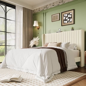 Einfach Queen Bed Frame, Upholstered Platform Bed with Wingback Headboard, No Box Spring Required, Cream White