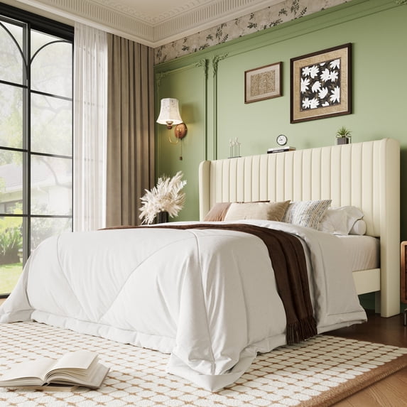 Einfach Queen Bed Frame, Upholstered Platform Bed with Wingback Headboard, No Box Spring Required, Cream White