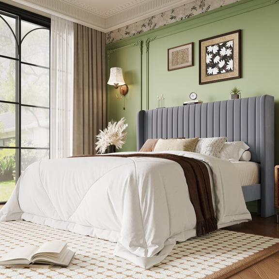 Einfach Queen Bed Frame, Upholstered Platform Bed with Wingback Headboard, No Box Spring Required, Gray