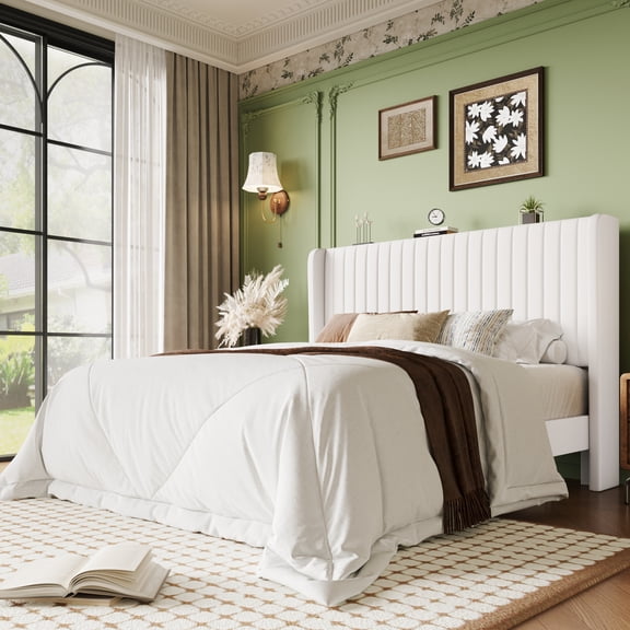 Einfach Upholstered Bed Frame with Wingback Headboard, Vertical Tufted, Velvet Finish, Queen, White