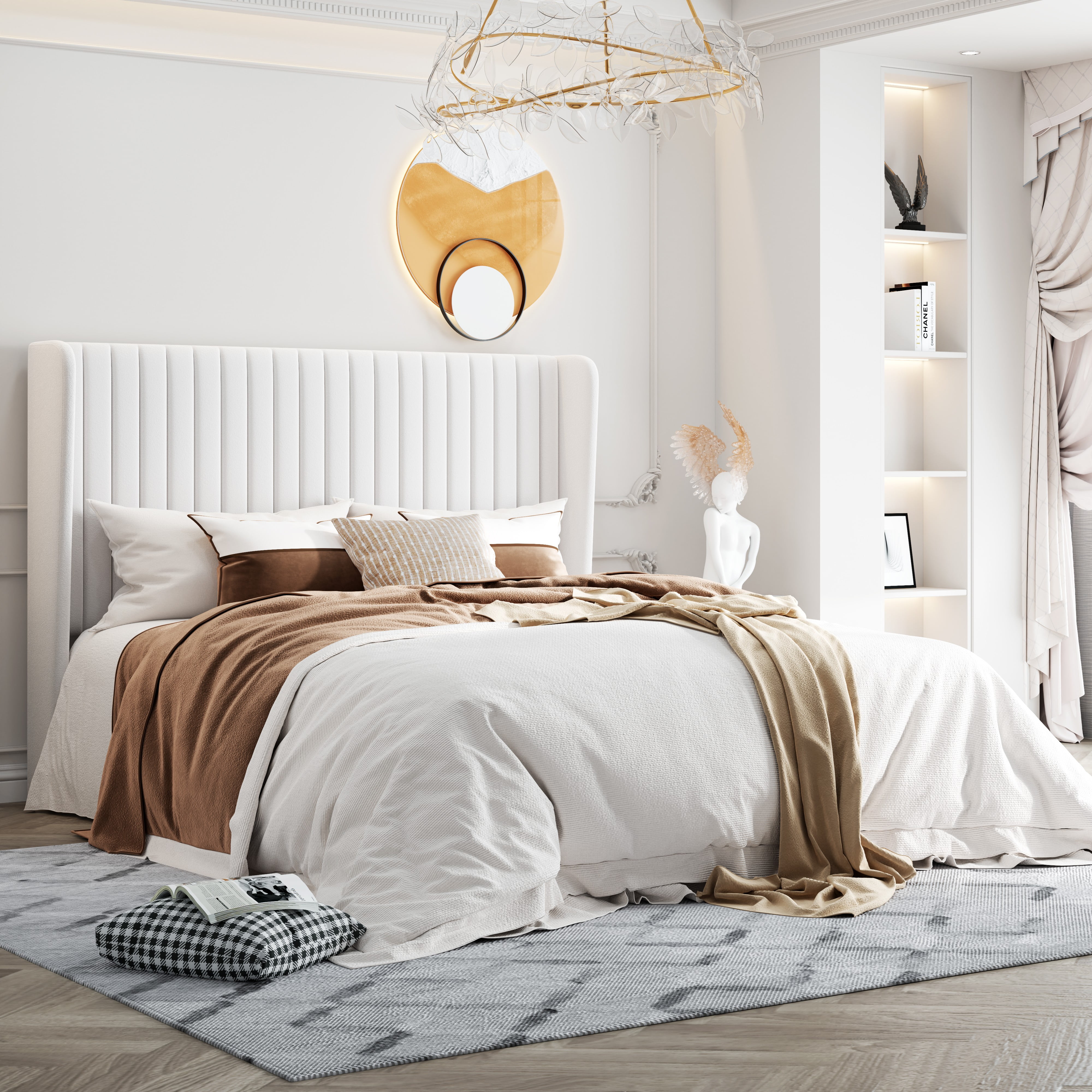Einfach Upholstered Bed Frame with Wingback Headboard Vertical Tufted Velvet Finish Queen White
