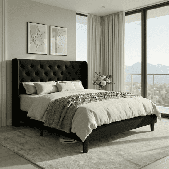 Einfach Upholstered Platform Bed with Classic Button Tufted Headboard, Wingback Design, Black, Queen