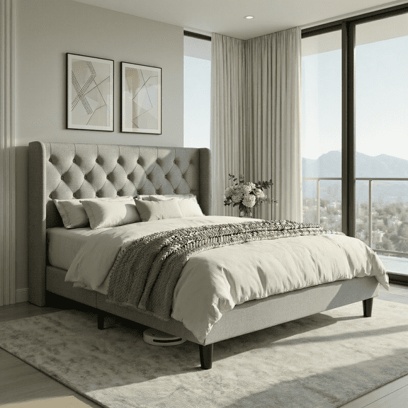 Einfach Upholstered Platform Bed with Classic Button Tufted Headboard, Wingback Design, Light Grey, Full