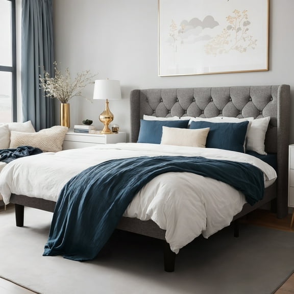 Einfach Upholstered Platform Bed with Classic Button Tufted Headboard, Wingback Design, Light Grey, Queen