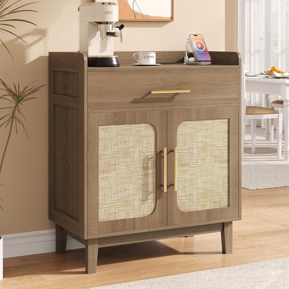 Einhomn 2-Door Buffet Cabinet, Boho Rattan Coffee Bar Cabinet with Adjustable Shelves, Charging Station, Brown