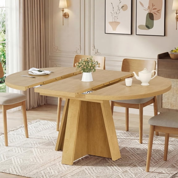 Hanyu 43"-59" Extendable Dining Room Table for 4-8 People, Oval Dining Table with Removable Leaves Space Saving, Round Expandable Kitchen Table for Dining Room Kitchen Living Room, Natural