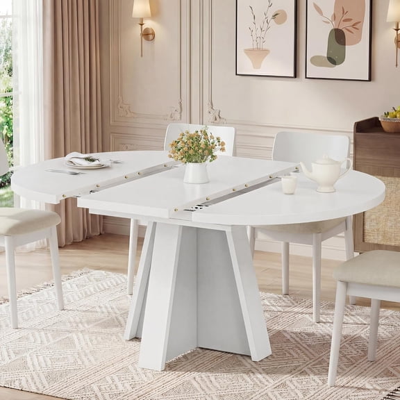 Hanyu 43"-59" Extendable Dining Room Table for 4-8 People, Oval Dining Table with Removable Leaves Space Saving, Round Expandable Kitchen Table for Dining Room Kitchen Living Room, White