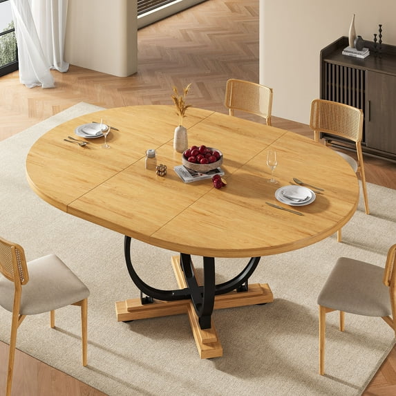 Einhomn 59”Extendable Round Dining Table for 4-8 ,Dining Room Table with X-Shaped Heavy Duty Metal Base,Thickened MDF Board,Modern Kitchen Dining Table,Space Saving,Oak