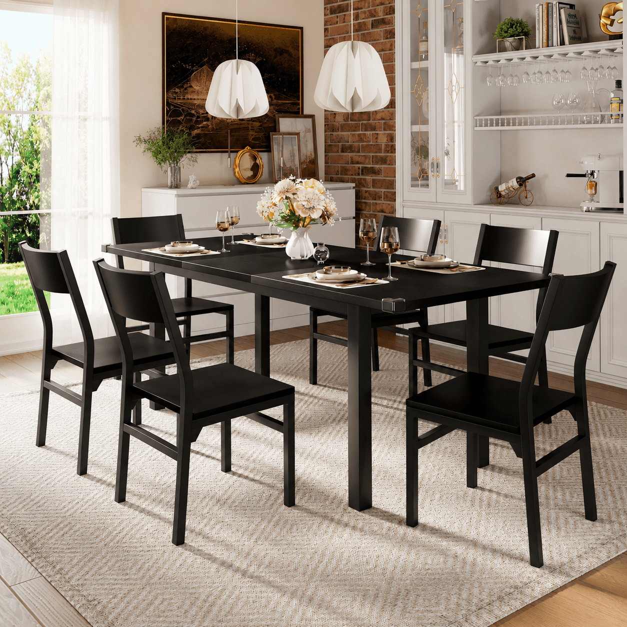 Virans 7-Piece Dining Table & Chairs Set for 4-6, 63" Extendable Kitchen Table with 6 Chairs, Dining Room Table with Metal Frame & MDF Board, Perfect for Small Space, Easy Assembly, Black