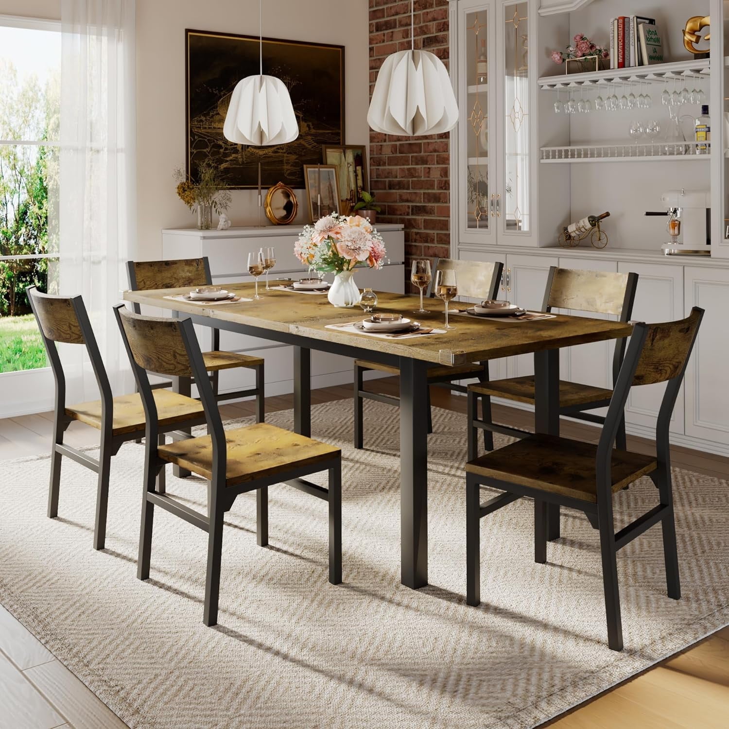 Einhomn 7Piece Dining Table Set with 6 Chairs, 63" Extendable Kitchen