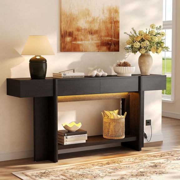 Einhomn 70.8" Narrow Long Console Table with 2 Drawer,Entryway Table with LED Lights,Behind Sofa Table for Entrance, Living Room,Black