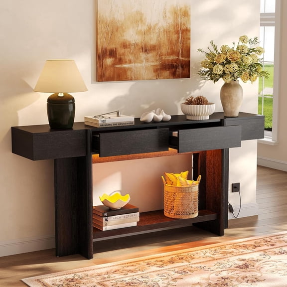 Virans 70.8" Narrow Long Console Table with 2 Drawer,Entryway Table with LED Lights,Behind Sofa Table for Entrance, Living Room,Black