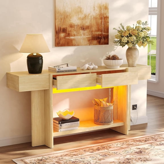 Virans 70.8" Long Console Table with 2 Drawers & LED Lights, Narrow Sofa Table Behind Couch for Hallway, Entryway, Living Room, Natural Oak