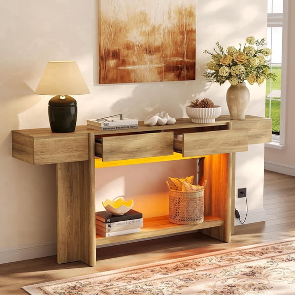 Virans 70.8" Long Console Table with 2 Drawers & LED Lights, Narrow Sofa Table Behind Couch for Hallway, Entryway, Living Room, Nut Brown