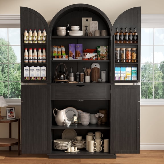 Einhomn 71" Tall Arched Kitchen Pantry Storage Cabinet,6-Tier Large Storage Cabinet with 2 Doors,Adjustable Shelves & Drawer for Living Room,Dining Room,Kitchen,Black