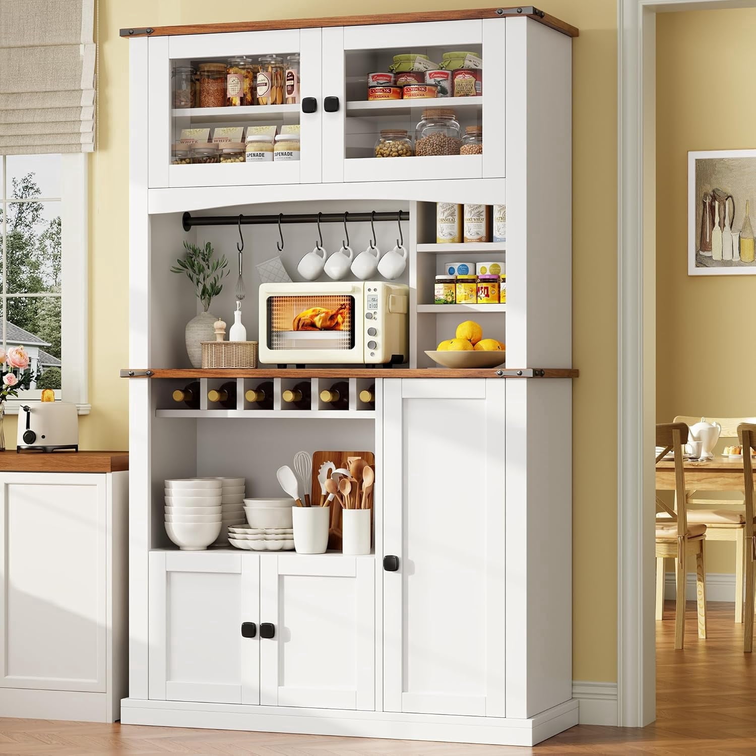 Einhomn 71" Tall Kitchen Pantry Cabinet with Charge Station, 3 Adjustable Shelves, Wine Rack and Glass Door,White