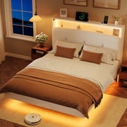 Einhomn Full Size Floating Bed Frame with LED Lights, Upholstered Platform Bed with Storage Headboard, Charging Station, White