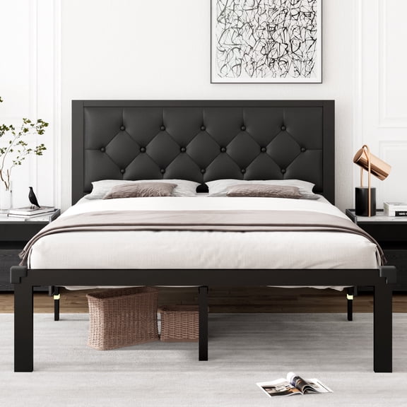 Einhomn Full Size Platform Bed Frame with Linen Upholstered Headboard, 12" Underbed Space, Metal Slat Supported
