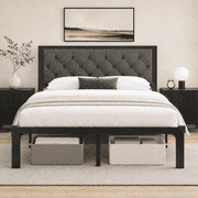 Einhomn Full Metal Platform Bed Frame with Linen Upholstered Headboard, Steel Slats Support